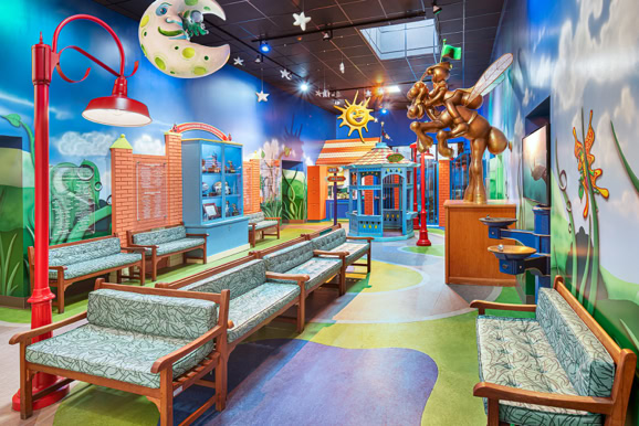 Colorful pediatric waiting space designed to create a welcoming and comfortable environment for patients.
